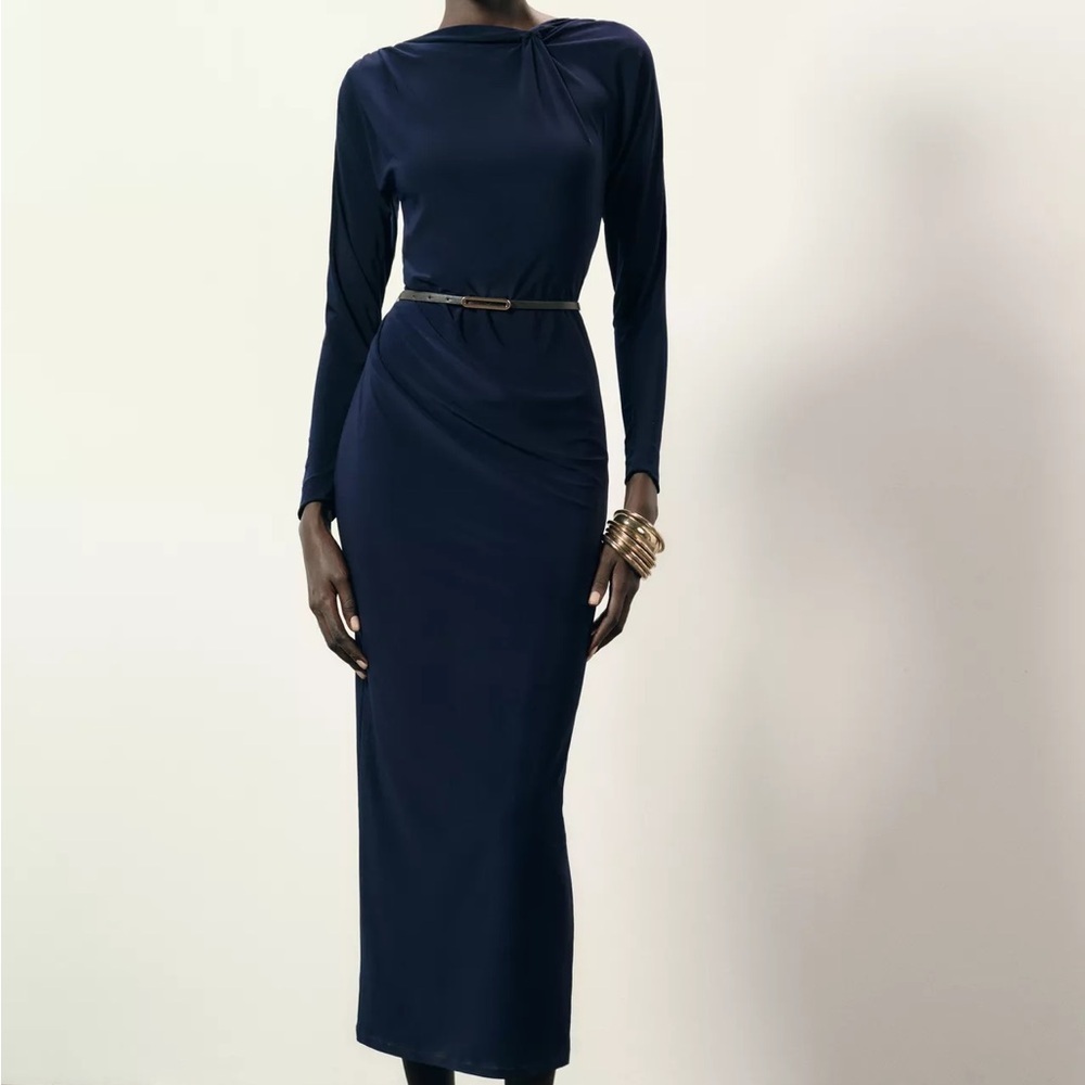 Minimal Navy Belted Midi Dress Gathered Twist Neck Long Zara Sleeve NWT S